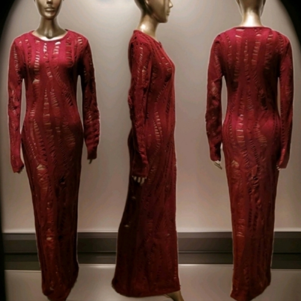 NWT Burgandy Distressed Long Sleeve Knit Maxi Sweater Dress Sz M - Picture 15 of 15